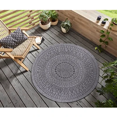 Abbildung von Northrugs Porto in und Outdoor Teppich Rund Runder Wendeteppich Wasserfest Mandala Design Flachgewebe Wetterfest für Balkon, Terrasse, Garten, Wohnzimmer Night Silber, ⌀140cm