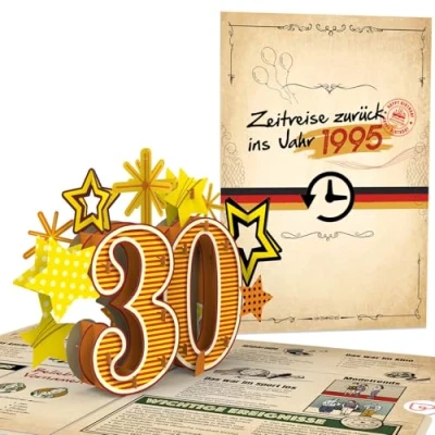 Abbildung von papercrush® Pop Up Karte „Zurück ins Jahr 1995“ Lustige 3D Geburtstagskarte zum 30. Geburtstag für Frau &amp; Mann Besondere Glückwunschkarte 30 Jahre mit lustigen Fakten Jahrgang