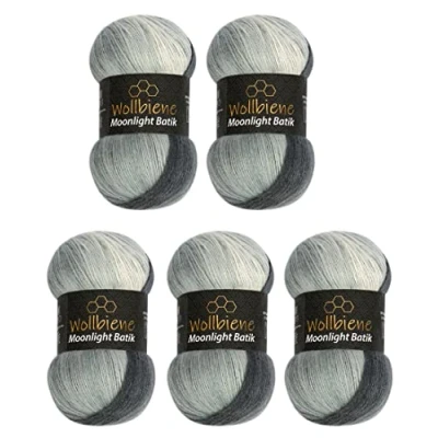 Abbildung von Wollbiene Moonlight Batik 5 x 100g Strickwolle 500 Gramm Wolle zum Stricken und Häkeln 20% türkische Farbverlaufswolle (5000 schwarz grau weiß)