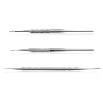 Abbildung von Blizzard Podologie Werkzeug 3 St Instrumentensatz Tamponierhaken 13 cm, Eckenfeile Löffelinstrument 16 cm zum Feinarbeiten im Nagelfalz, Nagelkanten und Ecken Fußpflege CE Medizinprodukt Edelstahl