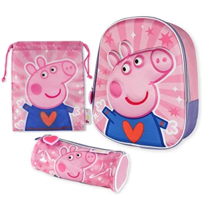 Abbildung von BONNYCO Peppa Pig Kinderrucksack, 3D Schultasche und Snacktasche mit Seilen, Pack Schulrucksäcke für Mädchen Jungen ab 3 Jahren Schulmaterial Zurück zum Cole, Rosa, S, Strapazierfähig