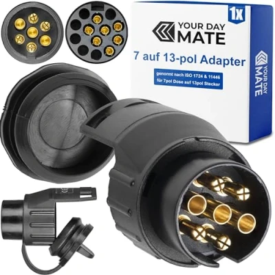 Abbildung von 7 auf 13 Pol Adapter Stecker, Set mit Parking Cover, Steckverbindung Anhänger Stecker zu Auto Steckdose, Pin nach ISO 1724 und 11446 genormt, AHK Verbinder für 12 V Systeme