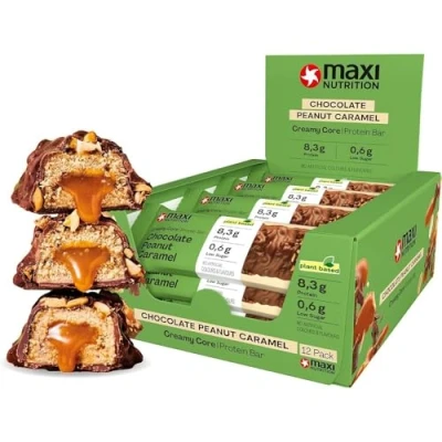 Abbildung von MaxiNutrition Vegan Creamy Core Bar Chocolate Peanut Caramel, 12x45g Filled Protein Riegel, 18% Eiweißgehalt 8,3g je low Sugar (0,9g), ohne Zuckerzusatz, künstliche Aromen