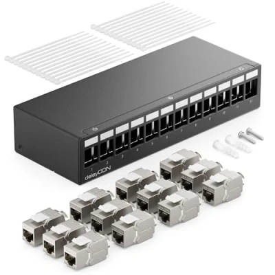 Abbildung von deleyCON 12 Port CAT7 Patchpanel Set mit 12x CAT.7 RJ45 Keystone Jack Modul STP 10 Gbit/s Verteilerfeld Kompatibel Verlegekabel CAT6 CAT6a CAT8 Ethernet LAN DSL Netzwerkkabel Schwarz