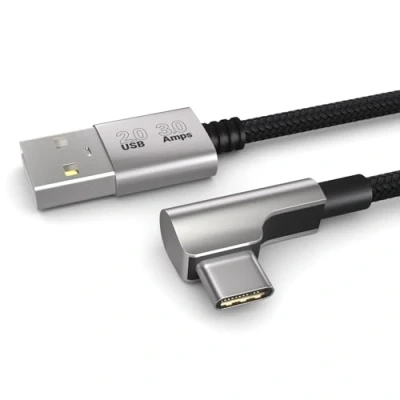 Abbildung von PAXO 2m Ladekabel, 3A, USB A auf C Kabel, AM CM, 2.0, elegante Winkelstecker, besonders flexibler Stoffmantel in schwarz