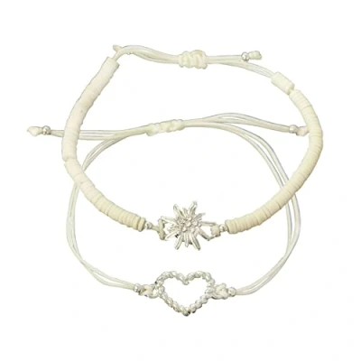 Abbildung von Alpenflüstern Heishi Perlen Trachten Armband Set Strass Edelweiss und Herz Damen Trachtenschmuck mit silber farben, verstellbare Armketten (weiß) DAB079