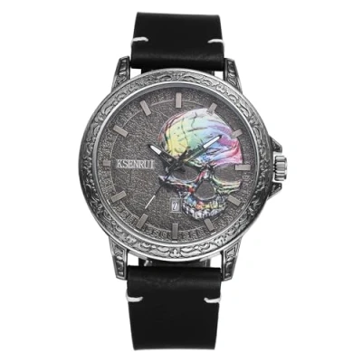 Abbildung von JewelryWe Herrenuhr Steampunk Echtleder Uhr: Vintage Punk Halloween Bunt Totenkopf Schädel Armbanduhr Herren 30m Wasserdicht Kalender Analog Quarz Leuchtende Motorrad Uhr mit Schwarz Lederarmband