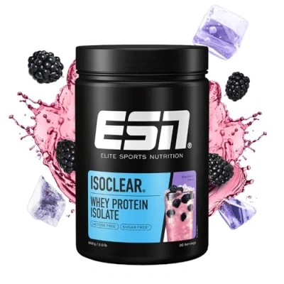 Abbildung von ESN ISOCLEAR Whey Isolate Protein Pulver, Blackberry, 908 g, Proteinlimo mit fruchtig leckerem Geschmack, clear Whey, geprüfte Qualität made in Germany