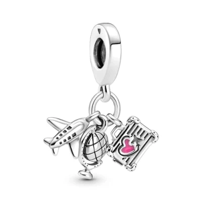 Abbildung von PANDORA Moments 799435C01 Flugzeug, Globus und Koffer Charm Anhänger aus Sterling Silber mit rosafarbener Emaille 6x13,6x15 mm (T/H/B)