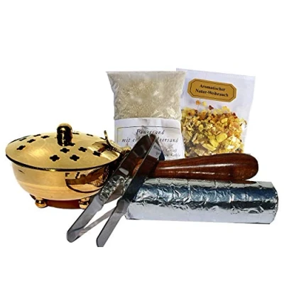 Abbildung von Räucherpfanne Set 5 teilig Räuchergefäß zum Räuchern von Weihrauch, Harzen, inkl. Räucherkohle, Räuchersand, Räucherzange (Gold/Messing)