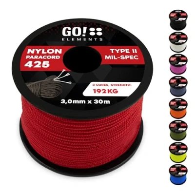 Abbildung von GO!elements 30m Paracord Seil aus reißfestem Nylon 3mm 425 Typ II max. 192kg Schnüre als Outdoor Seil, Allzweckseil, Survival Armband, Hundeleine, Nylonschnur, Farbe:Rot