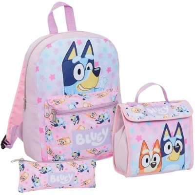 Abbildung von Mädchen Bluey Rucksack Set 3 Teiliges Taschen Bundle Mit Rucksack, Lunchbag und Federmäppchen Zurück zur Schule Geschenk