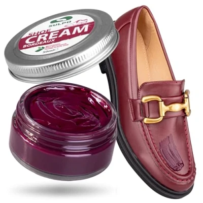 Abbildung von SULPO Schuhcreme Schwarz Shoe Cream Schuhputzcreme Ledercreme Lederbalsam Glattleder Wasserbassiert Farbe auffrischen Lederpflege Echt und Kunstleder 50ml (Bordeaux)