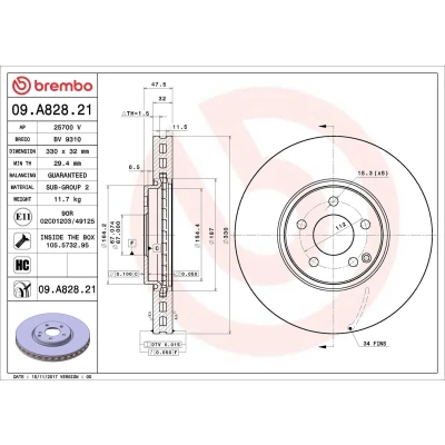 Abbildung von BREMBO 09.A828.21 Bremsscheibe 330 32 5 innenbelüftet beschichtet hochgekohlt mit Schrauben MERCEDES BENZ: E Class Saloon, T modell