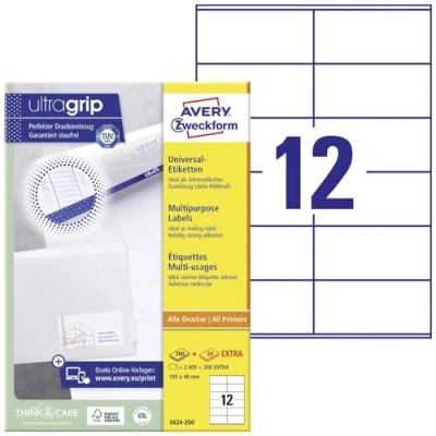 Abbildung von AVERY Zweckform 3424 200 Adressaufkleber (2.400 plus 240 Klebeetiketten extra, 105x48mm auf A4, individuell bedruckbare Absenderetiketten, selbstklebende Adressetiketten mit ultragrip) 220 Blatt, weiß