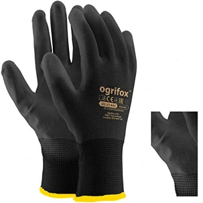 Abbildung von LTD Arbeitshandschuhe, PU beschichtetes Nylon, Schwarz, 24 Paar Ideal für Gartenarbeit, Bauarbeiter, Mechaniker, runder Ajs Ltd® Sticker., schwarz