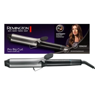 Abbildung von Remington Lockenstab große Locken [38mm] Pro Big Curl (4 facher Schutz, antistatischer Keramik Turmalin Beschichtung) Digitales Display bis 210C, mit Klemme, natürliche Wellen, Schwarz, CI5538