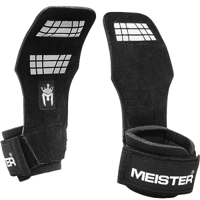 Abbildung von Meister Elite Leather Weight Lifting Grips w/Gel Padding (Pair) Small/Medium Griffe zum Gewichtheben, Schwarz, S/M