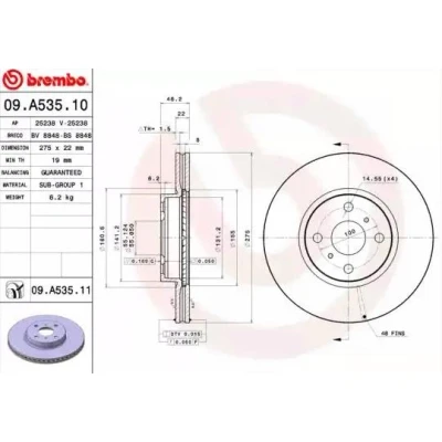 Abbildung von BREMBO COATED DISC LINE 09.A535.11 Bremsscheibe 275 22 4 innenbelüftet beschichtet TOYOTA: Yaris III Hatchback, II Corolla X Saloon