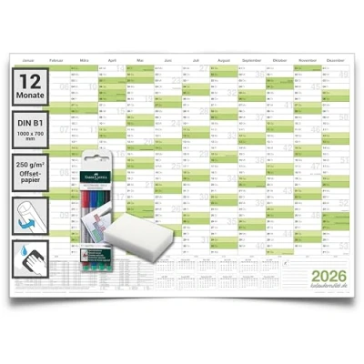 Abbildung von Kalenderoutlet Din B1 Wandkalender 2026 abwischbar XXL Jahresplaner 100x70 cm groß inklusive 4 Marker und Schwamm, feucht korrigierbar. Jahreskalender, Kalender in deutscher Sprache