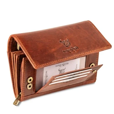 Abbildung von MATADOR PRAG Leder Geldbeutel Damen Groß mit edler Geschenk Verpackung Luxus RFID Geldbörse Gross, Viele Fächer Edles Portemonnaie Lang Vintage Braun