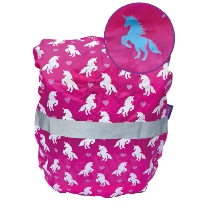 Abbildung von HECKBO Kinder Regenschutz Rucksackhülle Einhorn Farbwechsel bei Nässe Reflektierende Sicherheitsstreifen Wasserfestes Polyester Universalgröße, Einhorn, Einheitsgröße