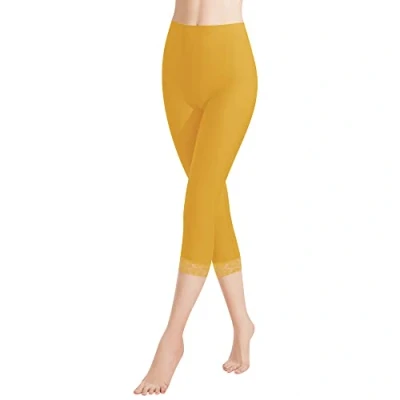 Abbildung von Libella Damen Leggings 3/4 Hose mit Spitze aus Baumwolle Capri Hohe Taille bunt Slim Fitnesshose Gelb XXL 4166