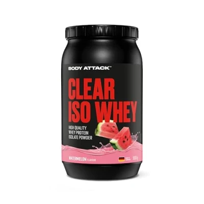 Abbildung von Body Attack CLEAR Iso Whey Watermelon Flavour 900g Made in Germany Erfrischendes, klares Protein Isolat 24 g und 11.400 mg EAAs* pro Shake, zucker &amp; fettfrei