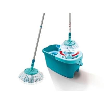 Abbildung von Leifheit Set CLEAN Twist Disc Mop Ergo 2.0, Bodenwischer mit Mikrofaser Bezug für nebelfeuchte Reinigung auf Fliesen und Laminat, Wischmopp Click System Schleudertechnologie