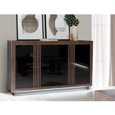 Abbildung von Forte SAVONA Sideboard mit 3 Schubladen und 2 Türen, Holzwerkstoff, Schwarz Hochglanz/Mud Eiche, B x H T: 162,7 98,2 42,3 cm