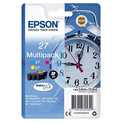 Abbildung von Epson Original 27 Tinte Wecker (WF 3620DWF, WF 3640DTWF, 7110DTW, 7210DTW, 7610DWF, 7620DTWF, 7710DWF, 7715DWF, 7720DTWF), Multipack 3 farbig