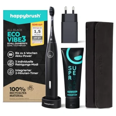 Abbildung von happybrush [Testsieger*] Elektrische Zahnbürste ECO VIBE 3 Starterset Black Schallzahnbürste mit 6 Wochen Power Akku inkl. Aktivkohle Zahnpasta und Reiseetui schwarz