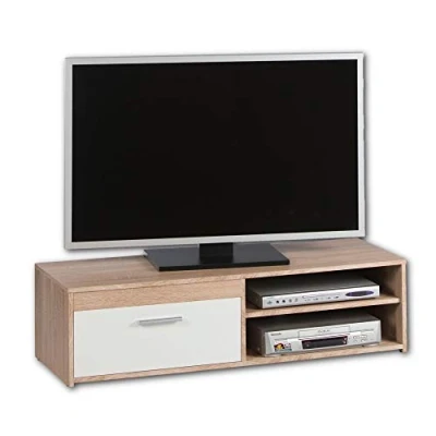Abbildung von Stella Trading Gemma Lowboard in Eiche Sonoma Optik, Weiß Schlichtes TV Board mit viel Stauraum für Ihr Wohnzimmer, 120 x 32 38 cm