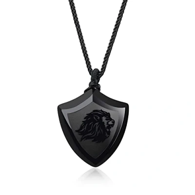 Abbildung von COAI Geschenkideen Verstellbare Kette mit Regenbogen Obsidian Schild Anhänger Löwenkopf Gravur Glücksbringer Halskette