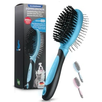 Abbildung von BluePet 2in1 Hundebürste für Langhaar &amp; Kurzhaar Auch Welpen Katzen I Glätten, Entwirren, Ausbürsten Das Allround Talent Borstenbürste (Blau, S M)