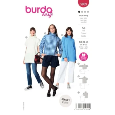 Abbildung von Burda Schnittmuster, 5963, Rollkragenpullover selber nähen [Damen, Gr. 34 48] Level 1 für Anfänger