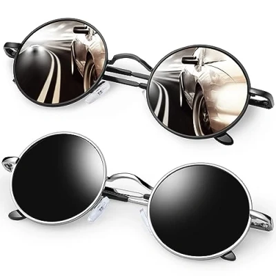 Abbildung von KANASTAL Runde Sonnenbrille Herren 2er Set Schwarze Brille Rave UV Schutz 90er Style Polarisiert Steampunk mit Metallrahmen