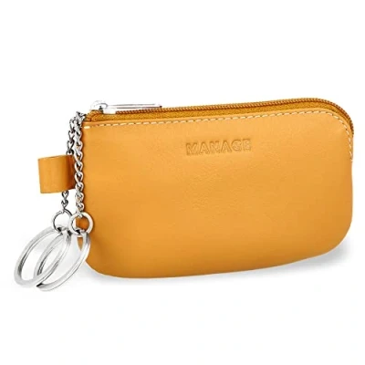 Abbildung von MANAGE Leder Schlüsseletui Gelb mit Münzfach und Schlüsselring Schlüsselmäppchen Reißverschluss Damen Herren für Schlüssel Autoschlüssel keychain Schlüsseltasche