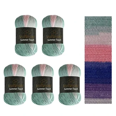 Abbildung von Wollbiene Summer Touch Batik 5 x 100 Gramm Wolle Mehrfarbig mit Farbverlauf, 500 merzerisierte Strickwolle Microfiber Acryl (511 rosa mint blau)