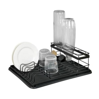 Abbildung von WENKO Geschirrabtropfer mit Flaschenhalter Mod. Amy, Abtropfgestell für die Spüle, abnehmbare Komponenten, Tablett aus recyceltem Kunststoff, Schwarz