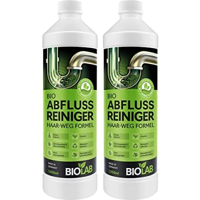 Abbildung von BIOLAB Abflussreiniger (2 x 1000 ml) Rohrreiniger mit Haarweg Formel Extra Stark Abflussfrei Drain Free Abfluss Reiniger