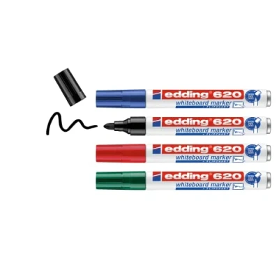 Abbildung von edding 620 Whiteboard Marker, mehrfarbig, 4 Stifte, runde Spitze, 1,5 3 mm, abwischbarer Filzstift, für Whiteboards, magnetisch, Memo und Konferenzstaffelei, nachfüllbar