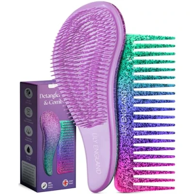 Abbildung von Haarbürste ohne Ziepen und Lockenkamm Set Pink/Lila Entwirrbürste Kamm für Locken, Glattes, Dickes, Dünnes Haar Die Perfekte Detangler Bürste Frauen Kinder von Lily England