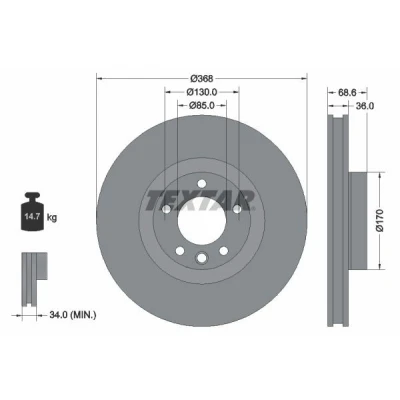 Abbildung von TEXTAR PRO 92213603 Bremsscheibe 368 36 05/06 130 innenbelüftet beschichtet ohne Radbefestigungsbolzen, Radnabe VOLKSWAGEN: Touareg I
