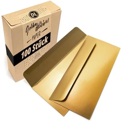 Abbildung von Japun Briefumschläge (100 Stück) aus Papier, Kuvert, Umschlag ohne Fenster DIN lang 220 x 110 mm gold