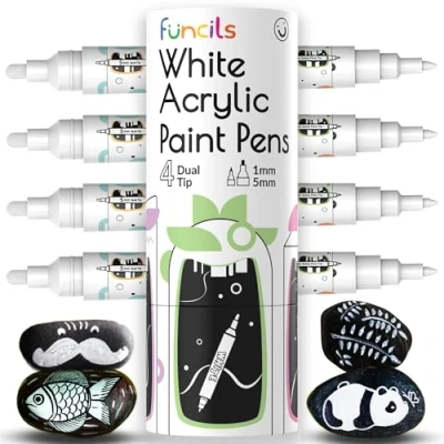 Abbildung von Funcils 4 Dual Tip Acrylstifte Weiß Feine Spitze &amp; Mittlere Weißer Stift für Steine, Leinwand, Holz, Keramik, Glas, Stoff, Reifen und Schuhe Kinder Erwachsene