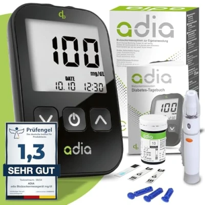 Abbildung von adia Blutzuckermessgerät (mg) inkl. 10 Teststreifen, Lanzetten, 1 Stechhilfe. Etui, für Diabetiker zur Selbstkontrolle des Blutzuckers bei Diabetes