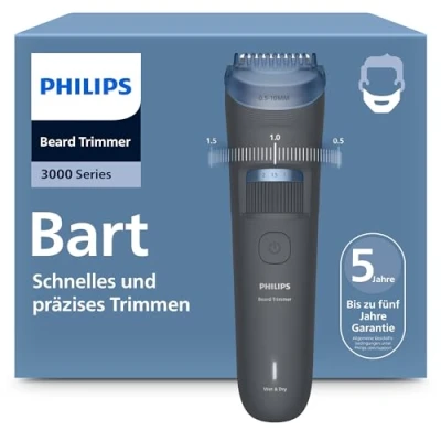 Abbildung von Philips Bartschneider 3000er Serie selbstschärfende Klingen mit abgerundeten Spitzen, 20 Längeneinstellungen, Lift&amp;Trim Kamm, 100% wasserdicht, Akkuanzeige, USB Ladegerät, Modell BT3619/15