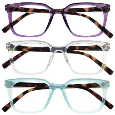 Abbildung von OPULIZE KOI Lesebrille 3er Pack Große Rechteckige Brillenfassung Violett Aqua Durchsichtig Damen, Herren Federscharniere RRR50 5CQ +2.00