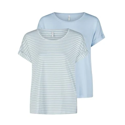 Abbildung von ONLY Damen O Neck Top T Shirt Moster 2er Pack Basic Kurzarm Rundhals Regular Fit Oberteil Sommer Streifen Blau Rose Grün Schwarz XS S M L XL XXL, Größe:M, Farbe:Cashmere Blue w/cd Stripes